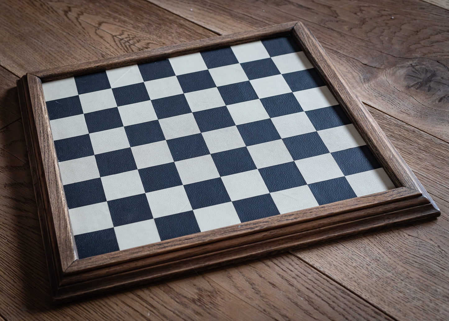 Made to order Chessboard finished in leather, with matching oak trim, 1 1/2"(40mm) squares. BOARD ONLY. Please note these are not in stock.