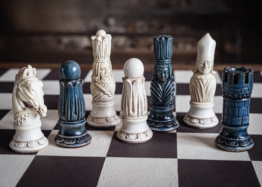 Made to order – Chess set, Victorian design in an aged stone and aged blue. BOARD NOT INCULDED