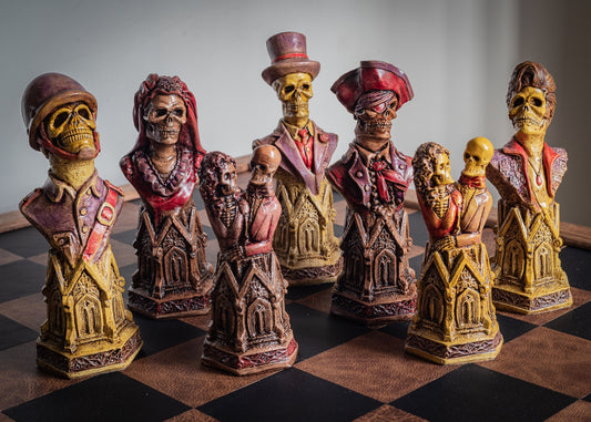 Made to order – Chess set, Gothic Skull Duggery, in aged cream and dark oak, with hand painted accents. BOARD NOT INCULDED