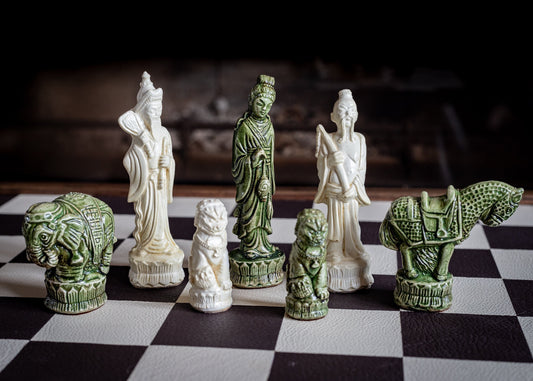 Made to order – Chess set, Mandarin No.2 design in a stone and jade effect. BOARD NOT INCULDED