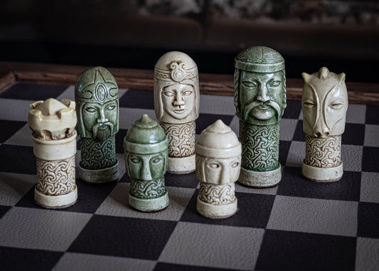 Made to order – Chess set, Celtic design in cream and Jade colour. BOARD NOT INCULDED