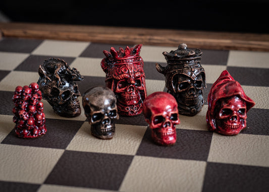 Made to order – Chess set, Skulls design in aged red and ebony colour. BOARD NOT INCULDED