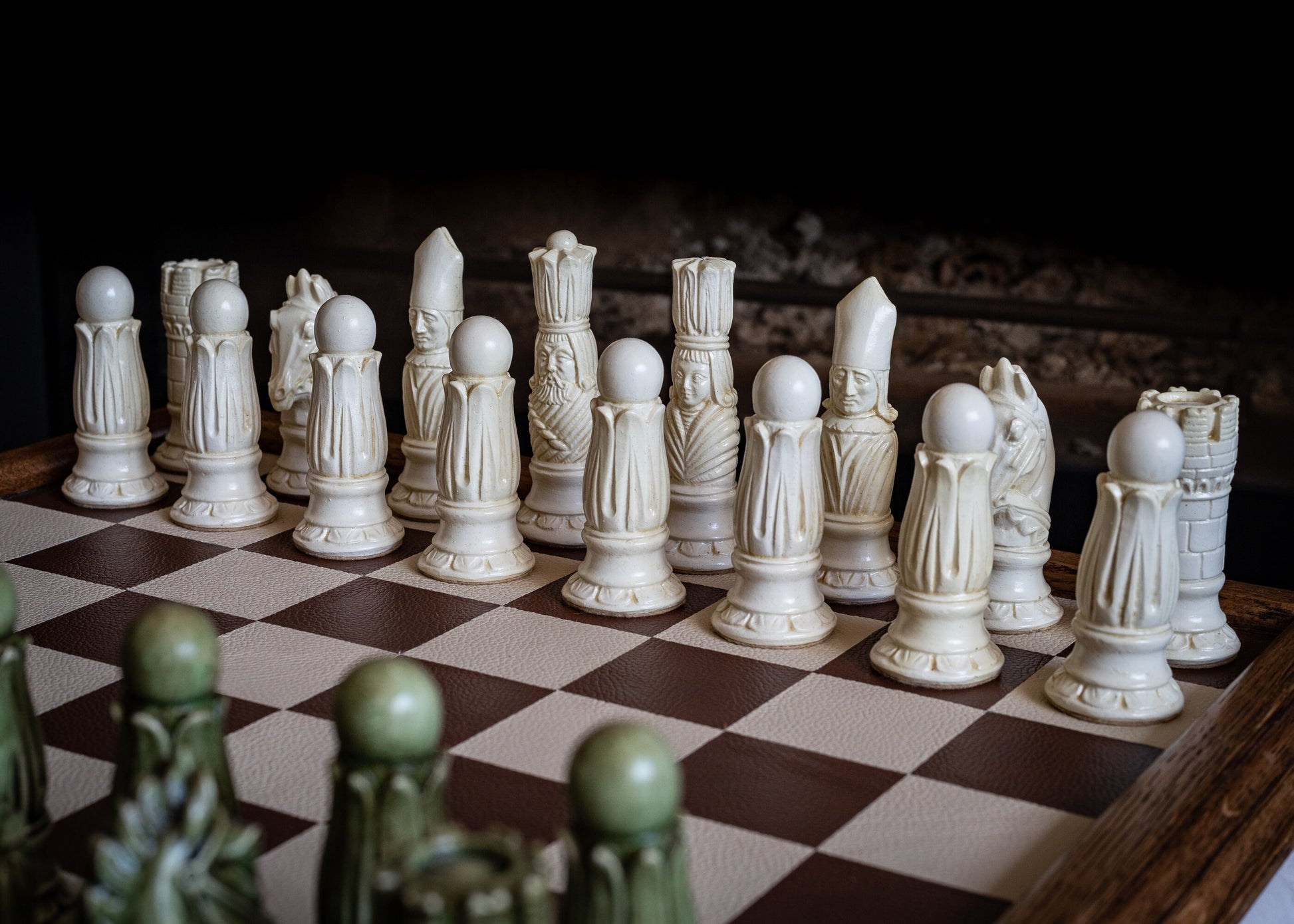 Made to order – Chess set, Victorian design in a stone and Jade colour. BOARD NOT INCULDED