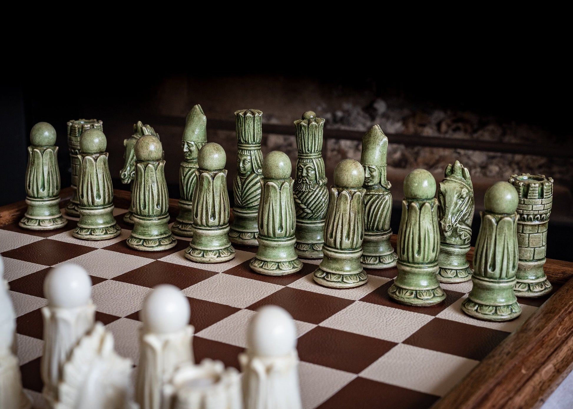 Made to order – Chess set, Victorian design in a stone and Jade colour. BOARD NOT INCULDED