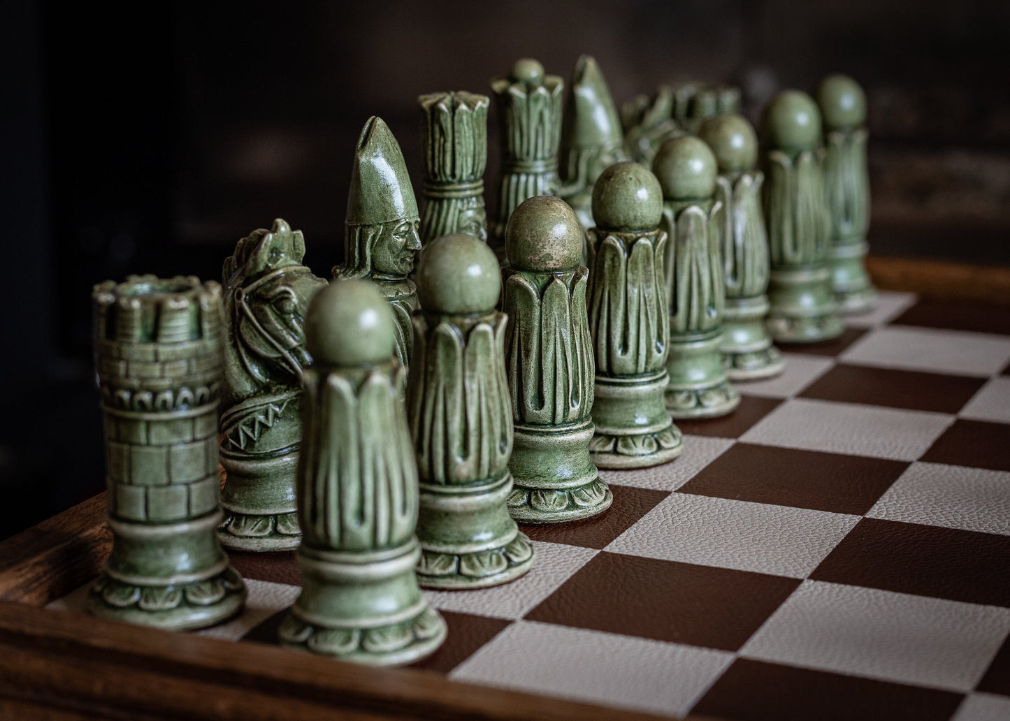 Made to order – Chess set, Victorian design in a stone and Jade colour. BOARD NOT INCULDED