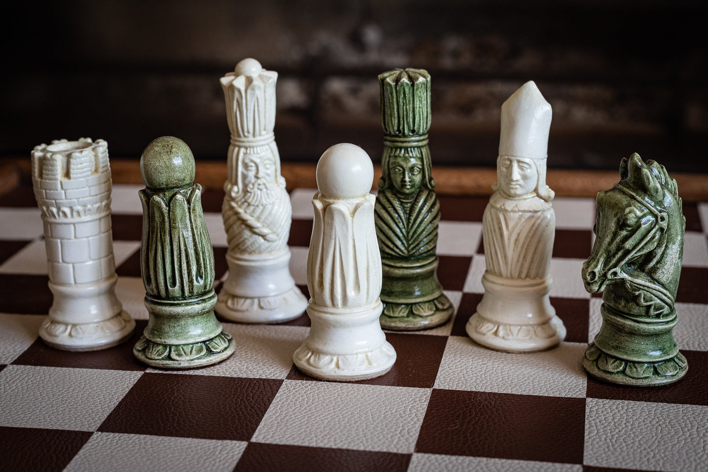 Made to order – Chess set, Victorian design in a stone and Jade colour. BOARD NOT INCULDED