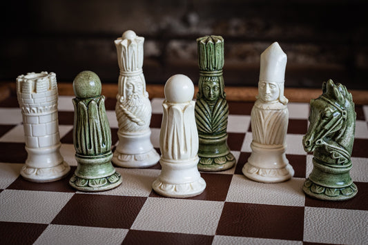 Made to order – Chess set, Victorian design in a stone and Jade colour. BOARD NOT INCULDED