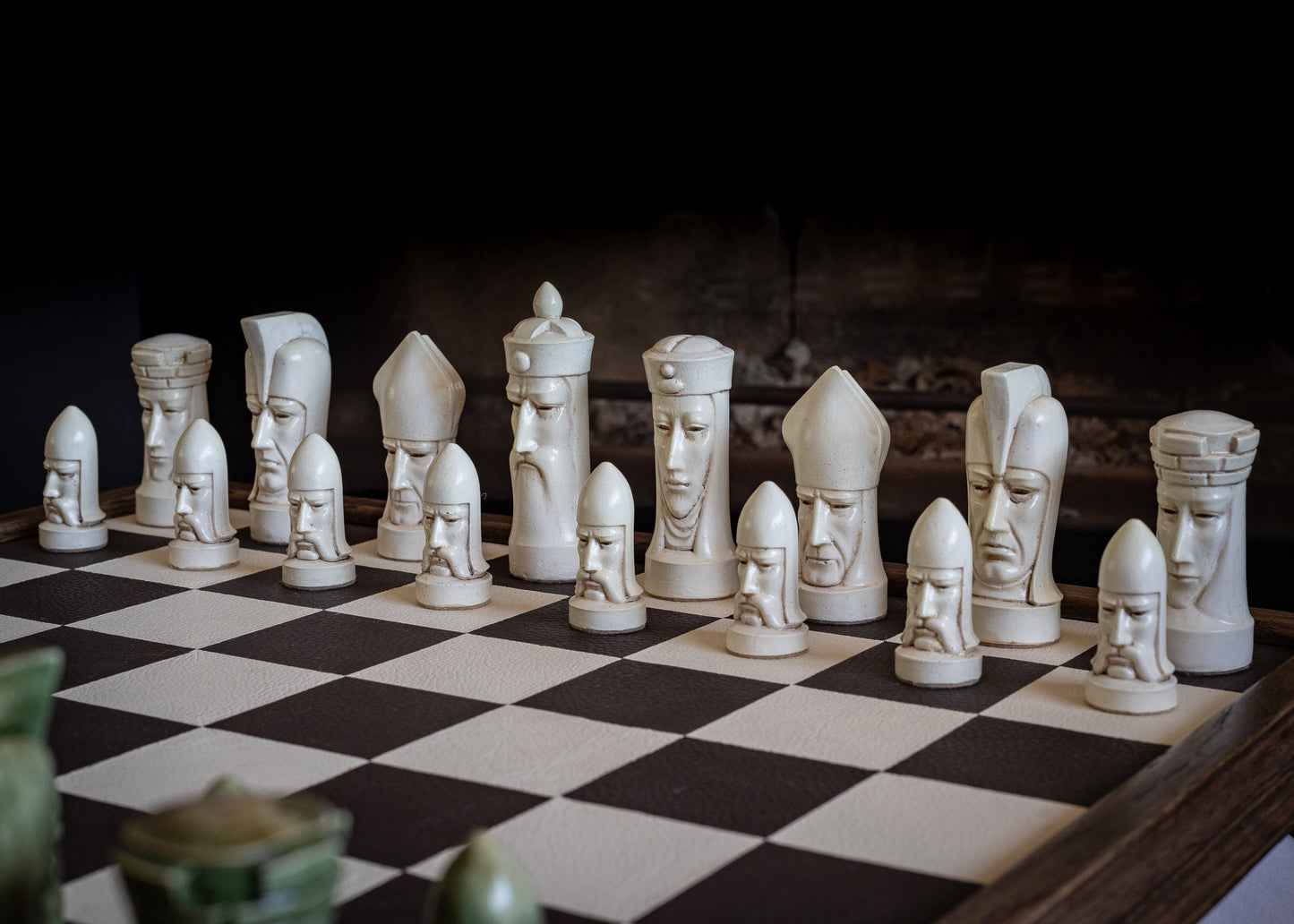 Made to order – Chess set, Gothic heads, similar to one used in orginal Star Trek series. In aged buttermilk and Jade. BOARD NOT INCULDED