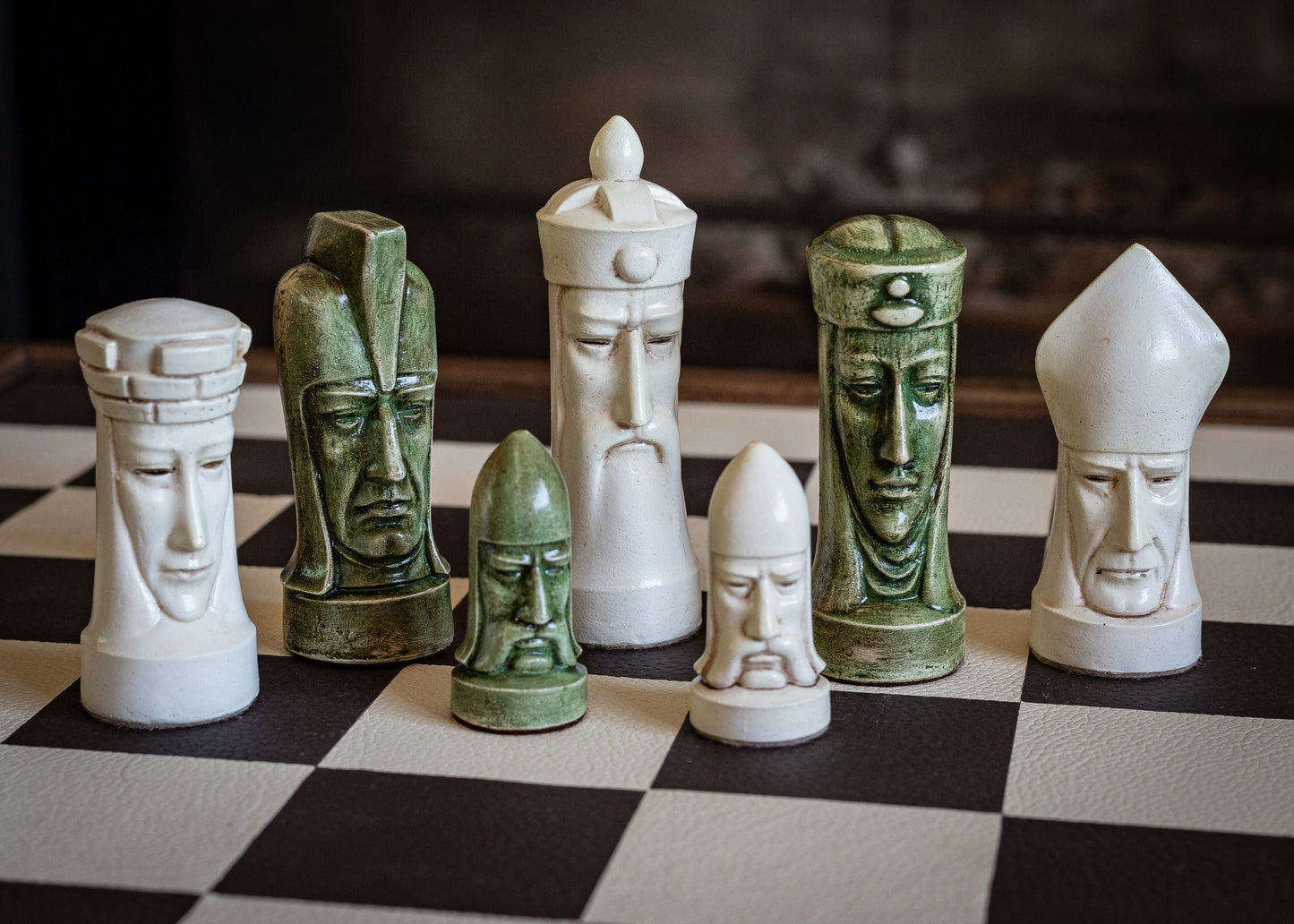 Made to order – Chess set, Gothic heads, similar to one used in orginal Star Trek series. In aged buttermilk and Jade. BOARD NOT INCULDED