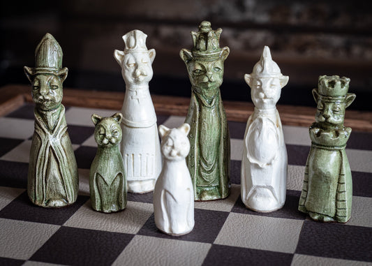 Made to order – Chess set, Royal Cats design in a Jade and stone colour. BOARD NOT INCULDED