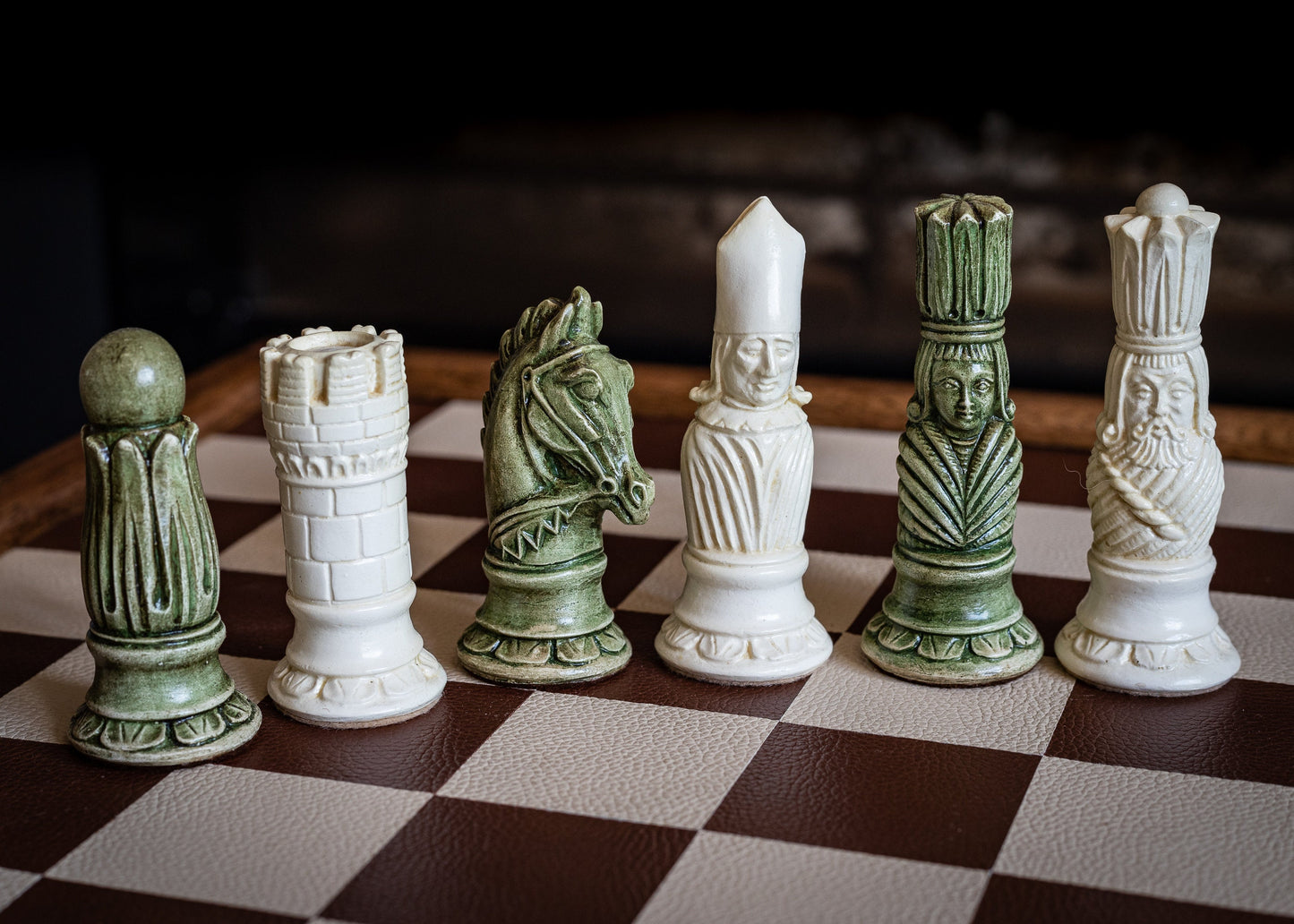 Made to order – Chess set, Victorian design in a stone and Jade colour. BOARD NOT INCULDED