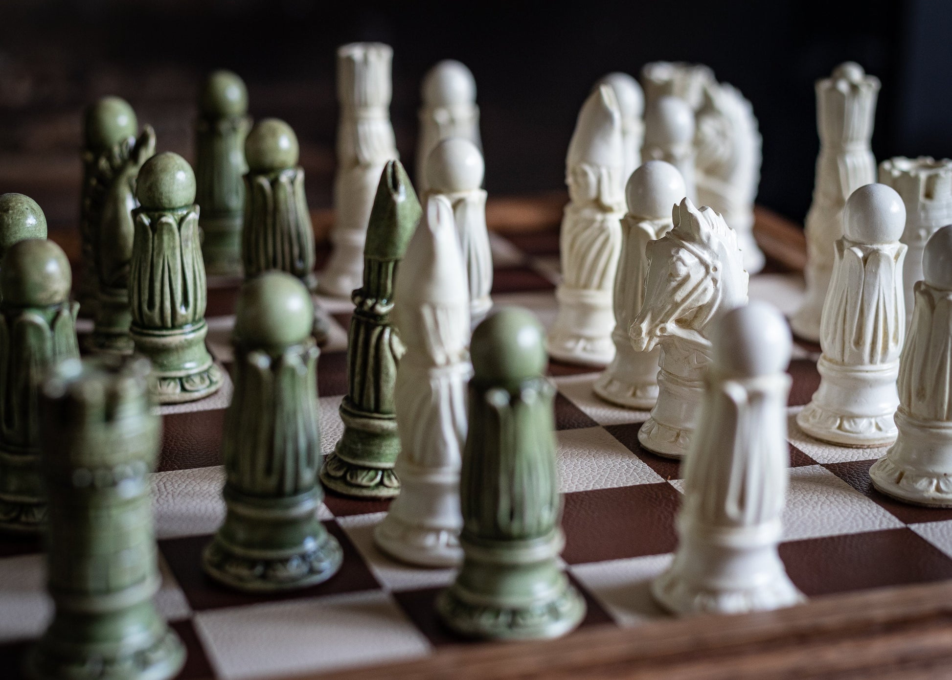 Made to order – Chess set, Victorian design in a stone and Jade colour. BOARD NOT INCULDED