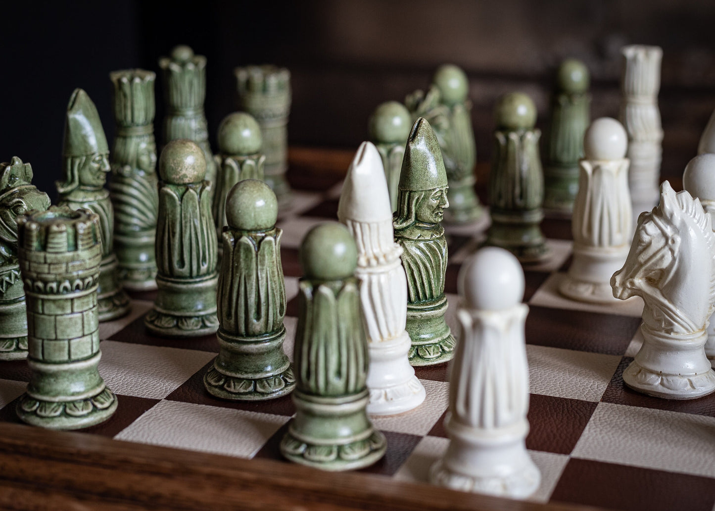 Made to order – Chess set, Victorian design in a stone and Jade colour. BOARD NOT INCULDED