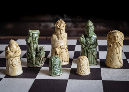 Made to order – Chess set, Medieval Dragon Hunt design in an aged cream and Jade colour. BOARD NOT INCULDED