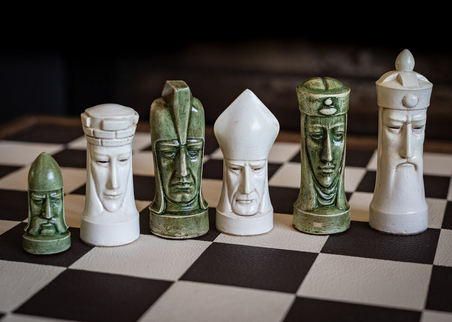 Made to order – Chess set, Gothic heads, similar to one used in orginal Star Trek series. In aged buttermilk and Jade. BOARD NOT INCULDED