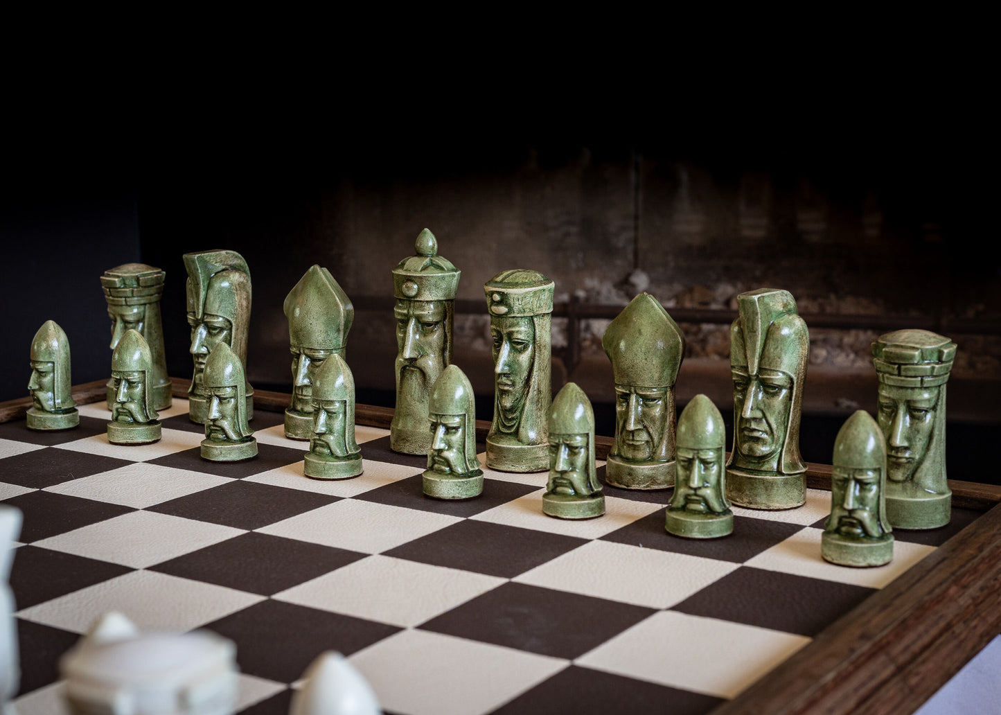 Made to order – Chess set, Gothic heads, similar to one used in orginal Star Trek series. In aged buttermilk and Jade. BOARD NOT INCULDED