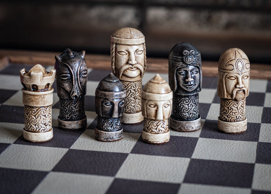 Chess set, Celtic design in walnut and ebony colour. BOARD NOT INCULDED