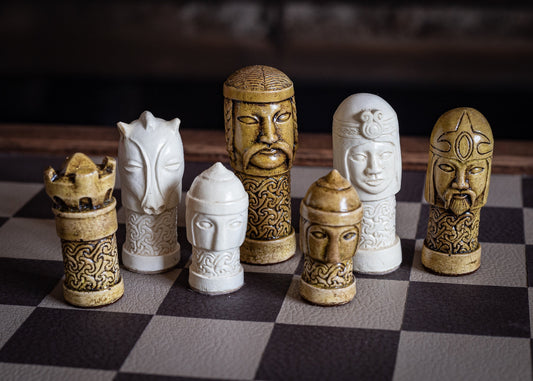 Made to order - Chess set, Celtic design in olive and stone colour. BOARD NOT INCULDED