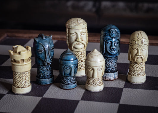 Made to order – Chess set, Celtic design in aged blue and cream colour. BOARD NOT INCULDED