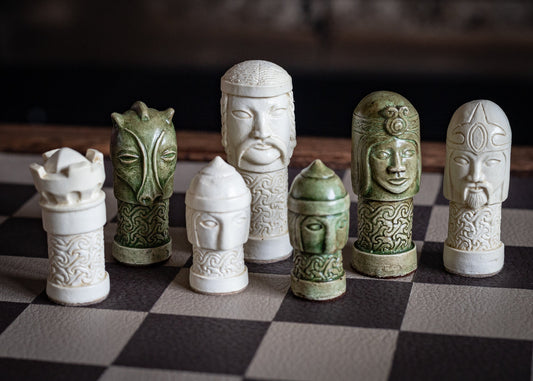 Made to order – Chess set, Celtic design in jade and stone colour. BOARD NOT INCULDED