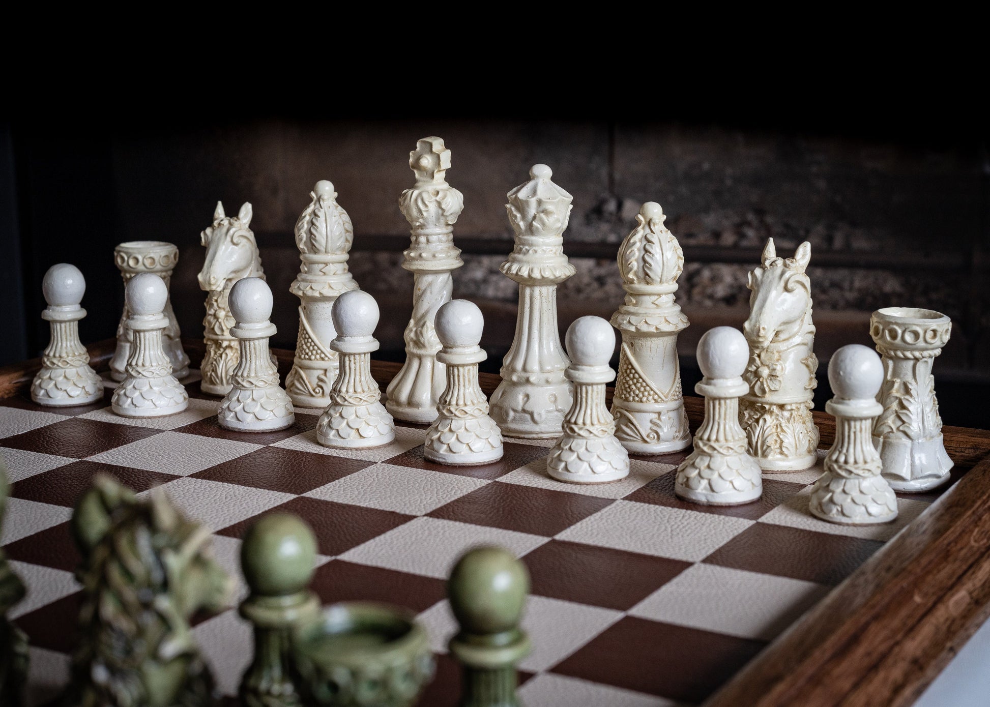 Made to order – Chess set, Ornate Staunton design in Stone and Jade effect. BOARD NOT INCULDED