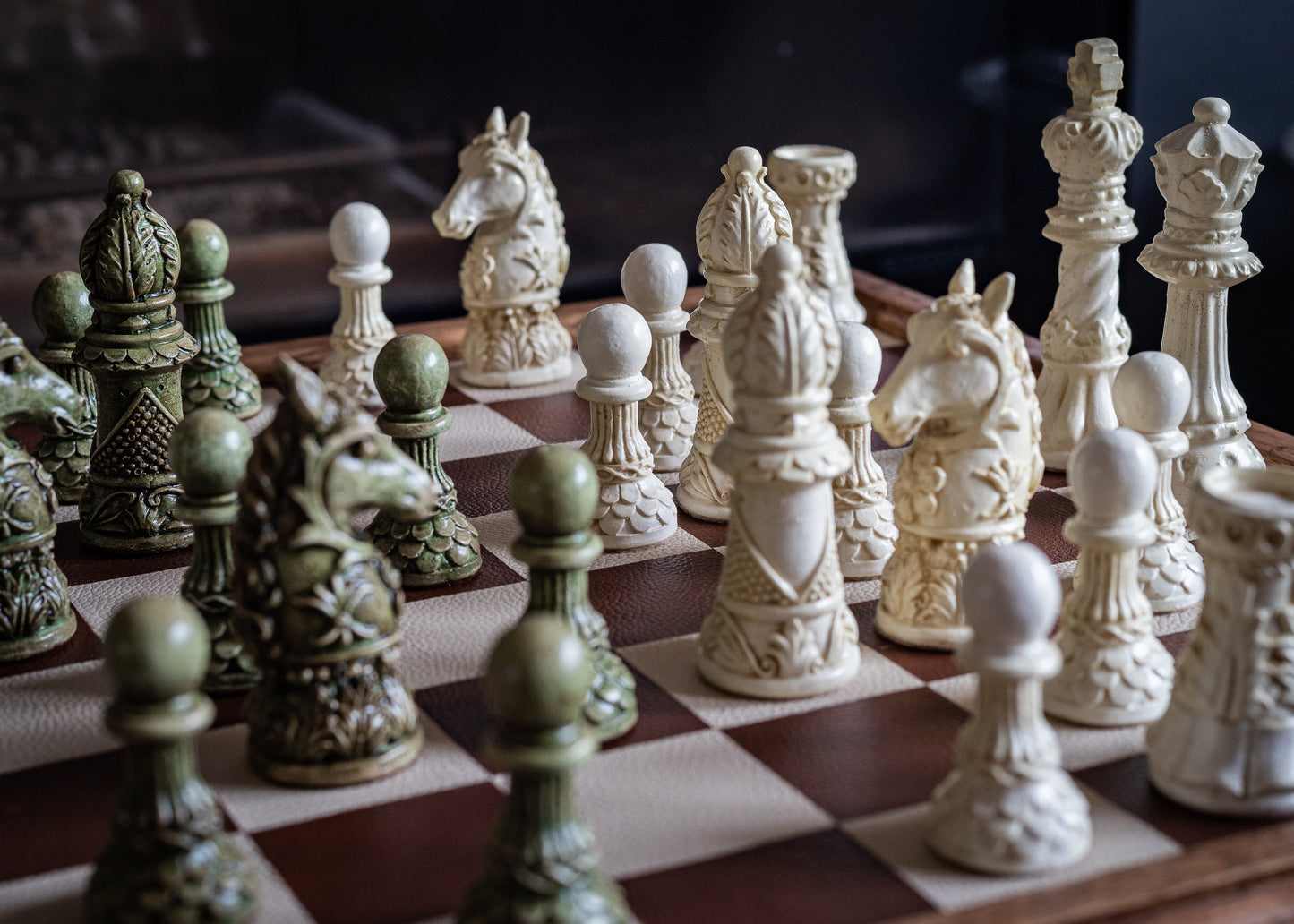 Made to order – Chess set, Ornate Staunton design in Stone and Jade effect. BOARD NOT INCULDED