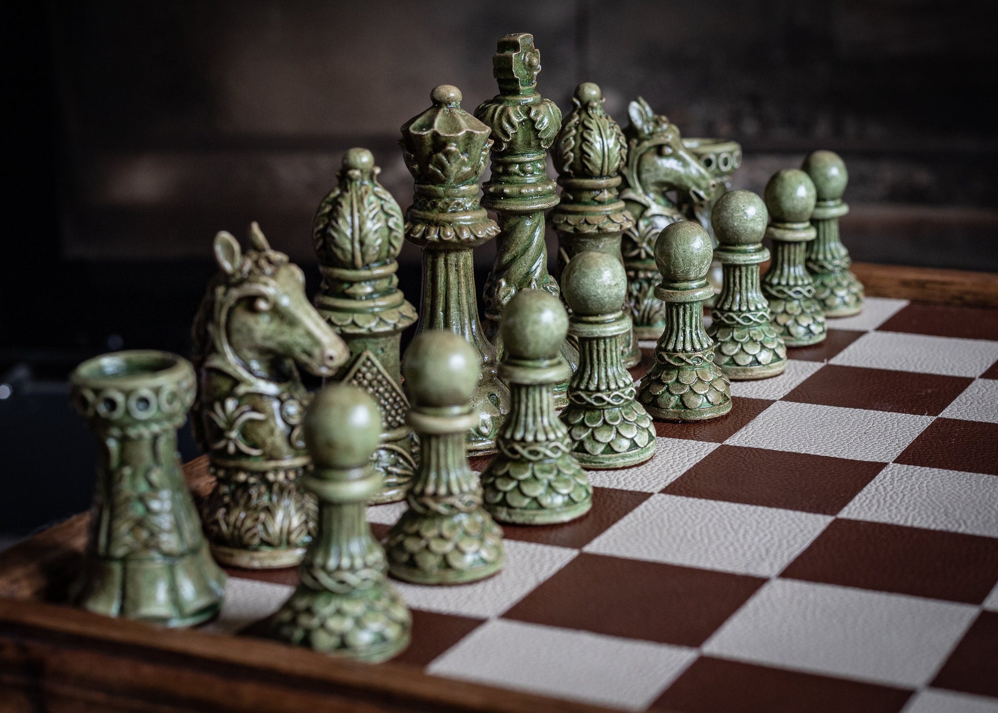 Made to order – Chess set, Ornate Staunton design in Stone and Jade effect. BOARD NOT INCULDED