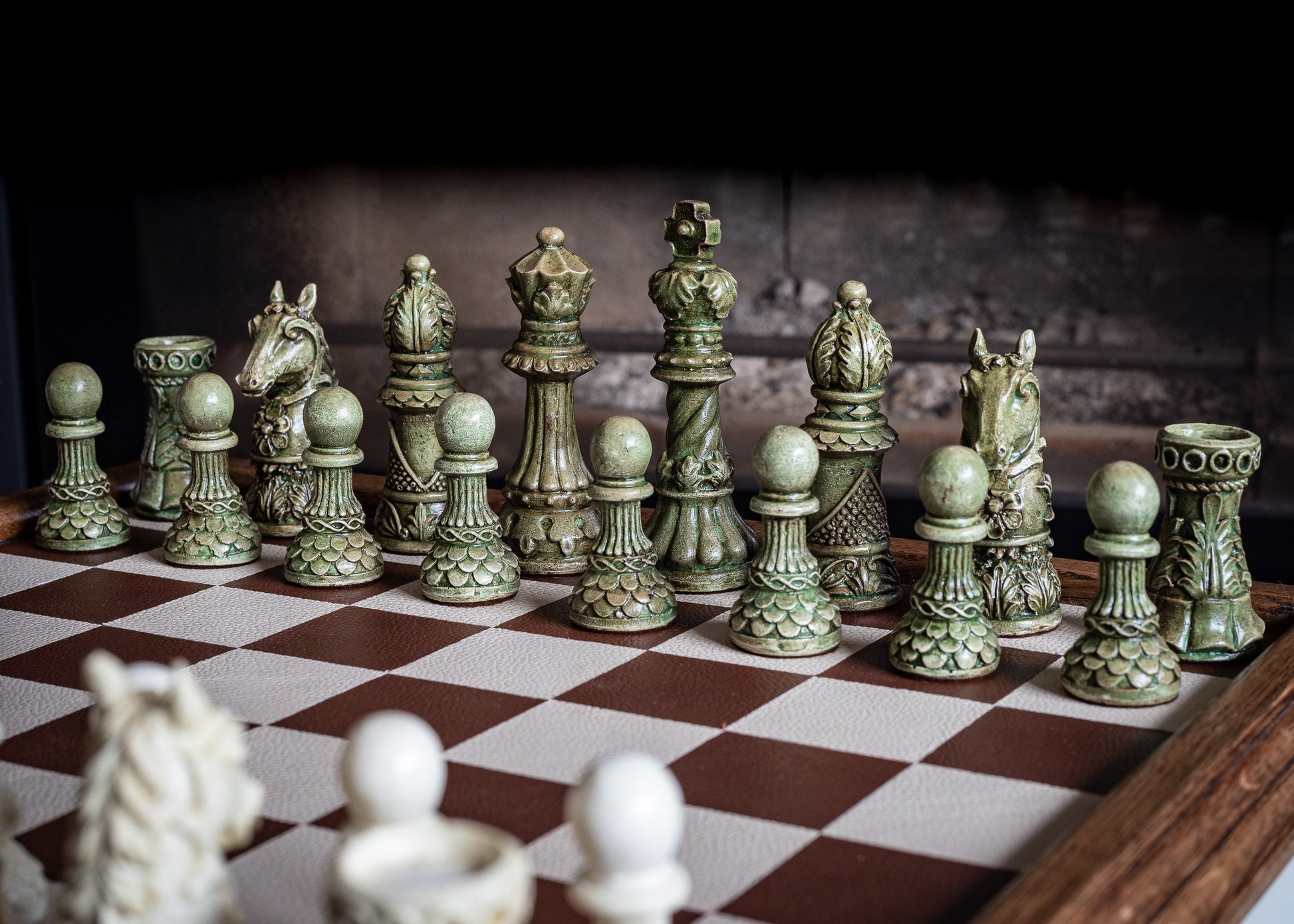 Made to order – Chess set, Ornate Staunton design in Stone and Jade effect. BOARD NOT INCULDED