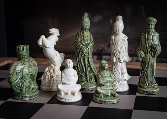 Made to order – Chess set, Eastern design in a Stone and Jade colour. BOARD NOT INCULDED