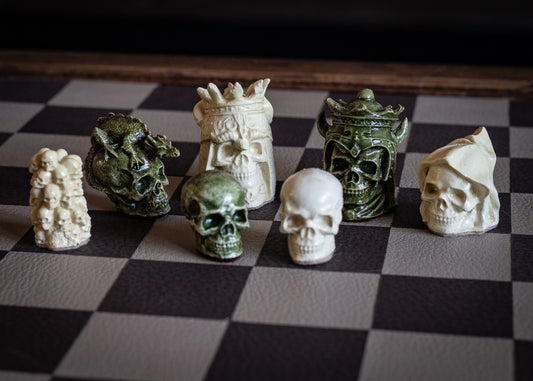 Made to order – Chess set, Skulls design in a stone and jade colour. BOARD NOT INCULDED