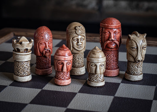 Made to order – Chess set, Celtic design in walnut and terracotta colour. BOARD NOT INCULDED