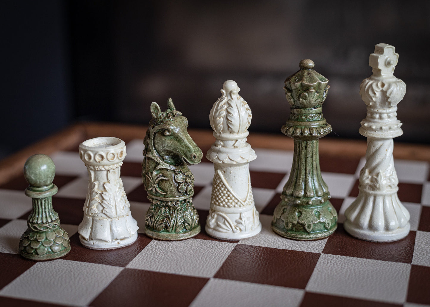 Made to order – Chess set, Ornate Staunton design in Stone and Jade effect. BOARD NOT INCULDED