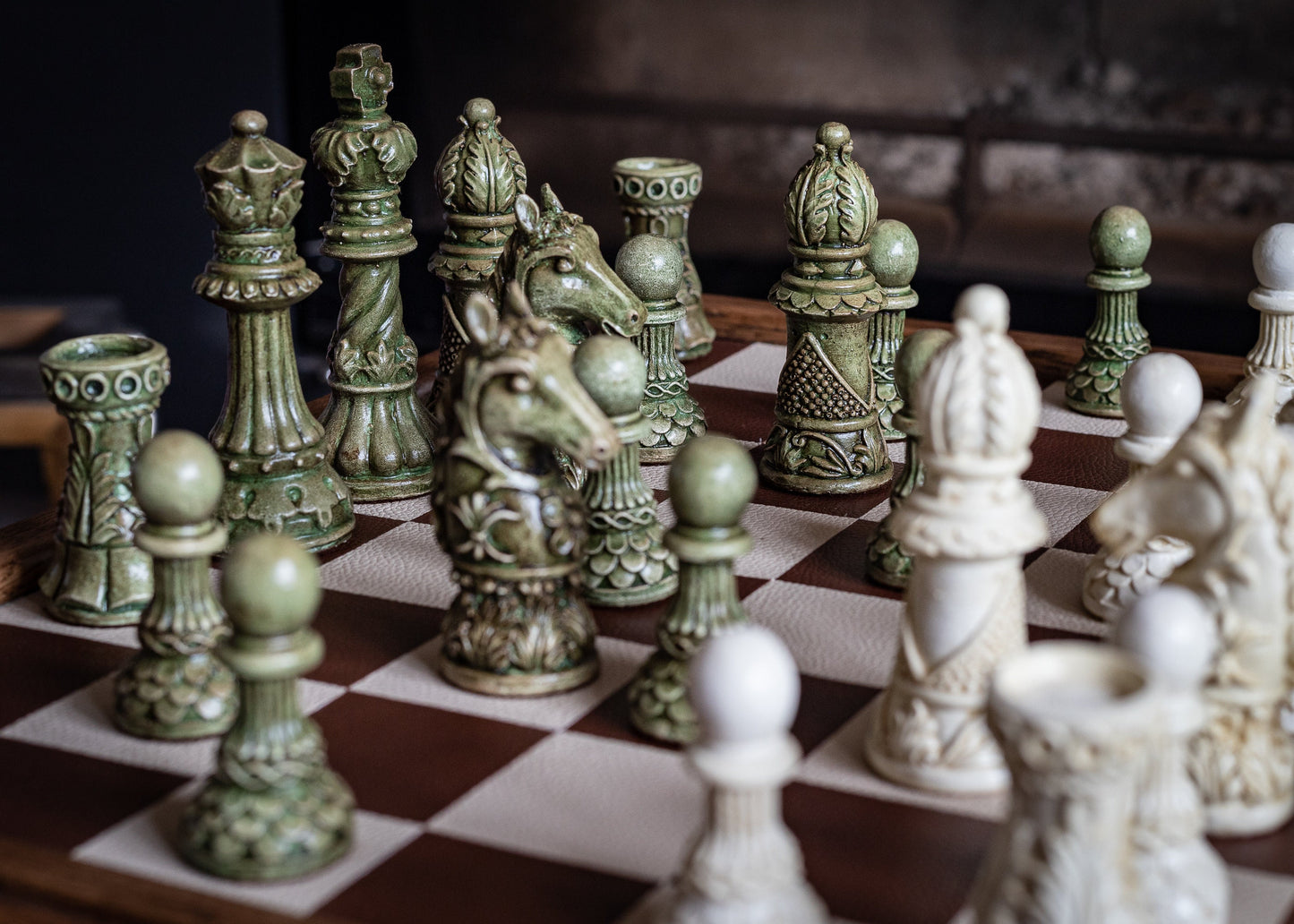 Made to order – Chess set, Ornate Staunton design in Stone and Jade effect. BOARD NOT INCULDED