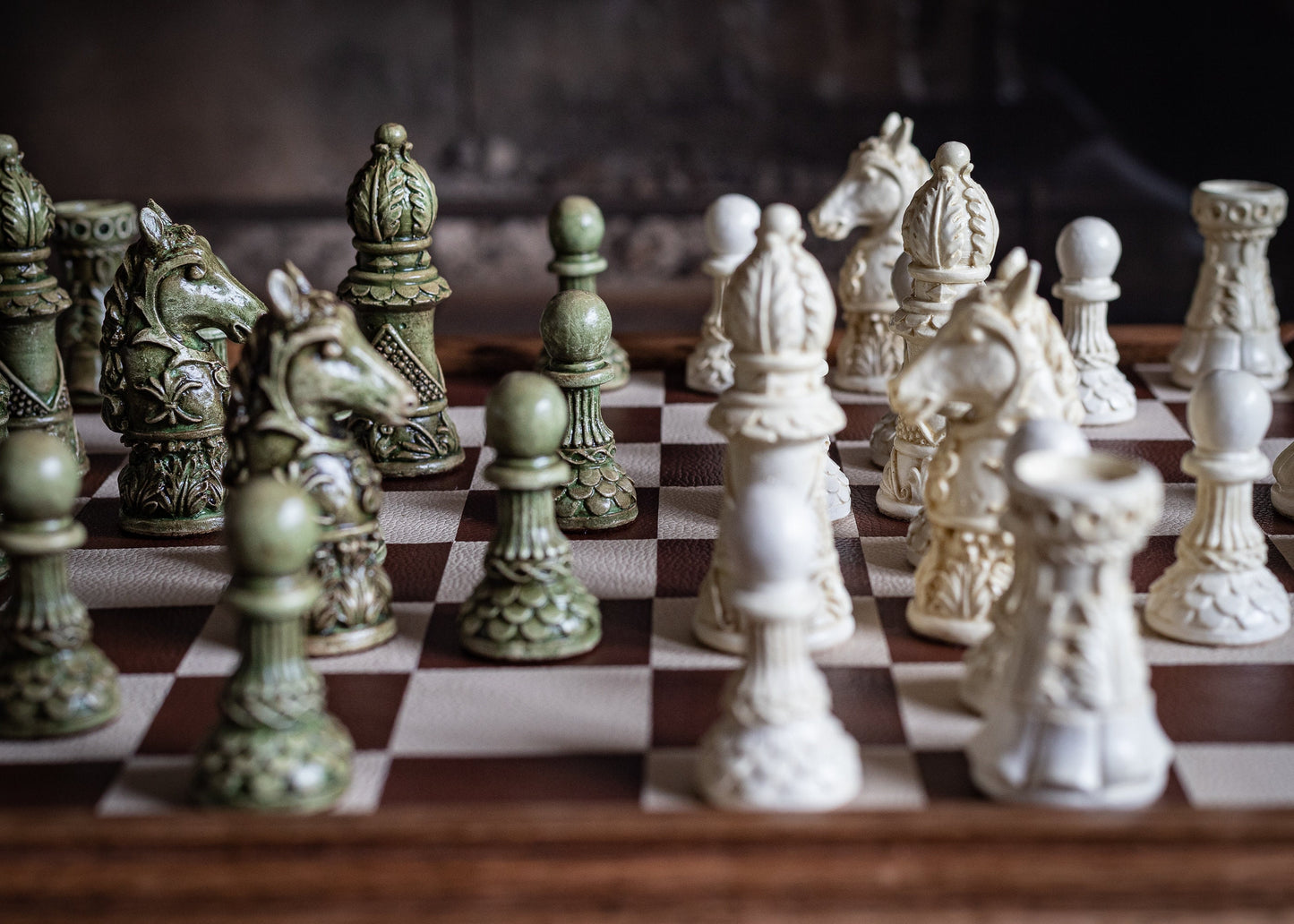 Made to order – Chess set, Ornate Staunton design in Stone and Jade effect. BOARD NOT INCULDED