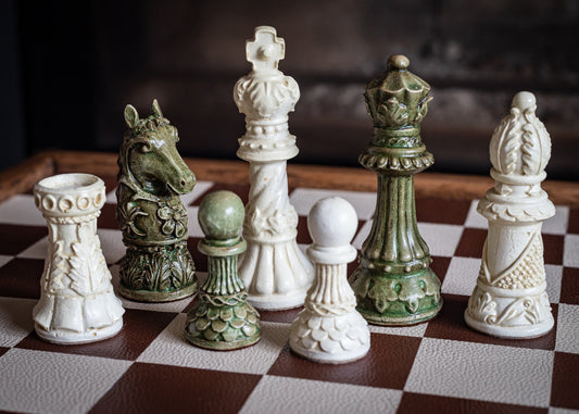 Made to order – Chess set, Ornate Staunton design in Stone and Jade effect. BOARD NOT INCULDED