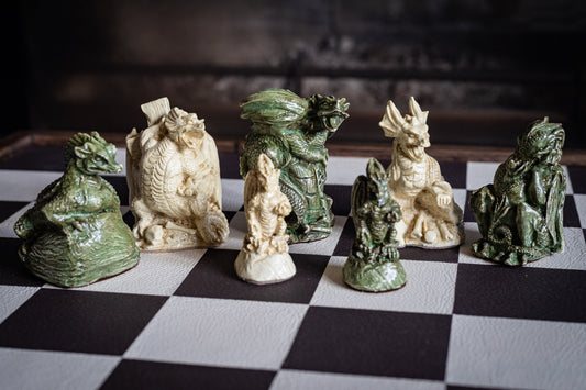 Made To Order – Chess set, Dragons design in a Jade and Stone effect. BOARD NOT INCULDED