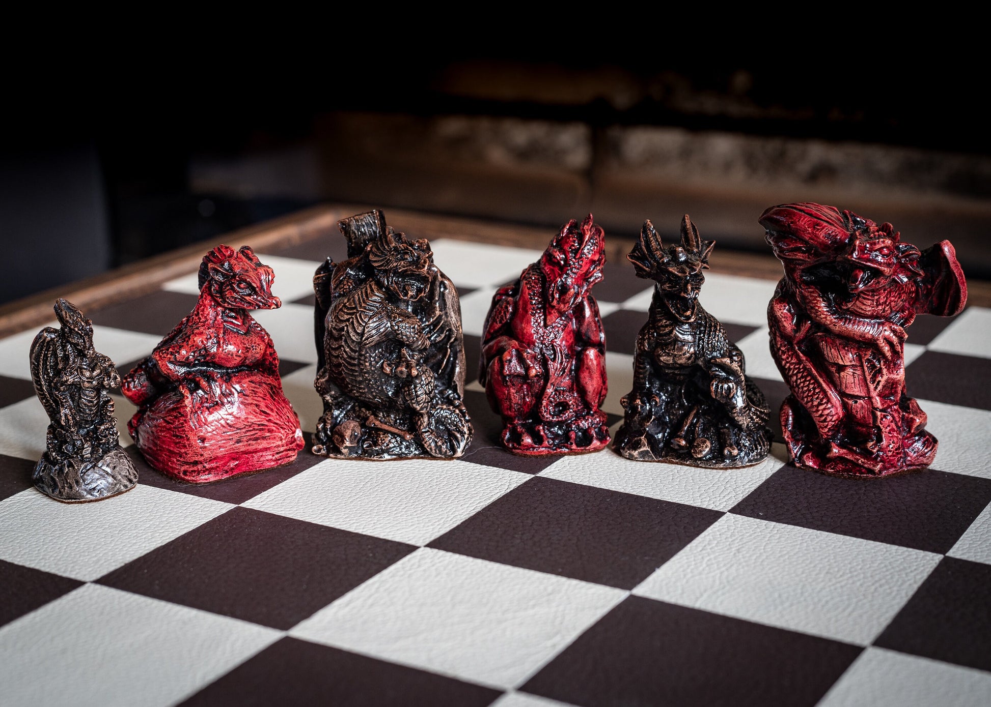 Made To Order – Chess set, Dragons design in ebony and aged red colour. BOARD NOT INCULDED