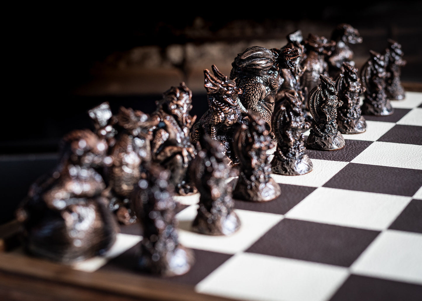 Made To Order – Chess set, Dragons design in ebony and aged red colour. BOARD NOT INCULDED