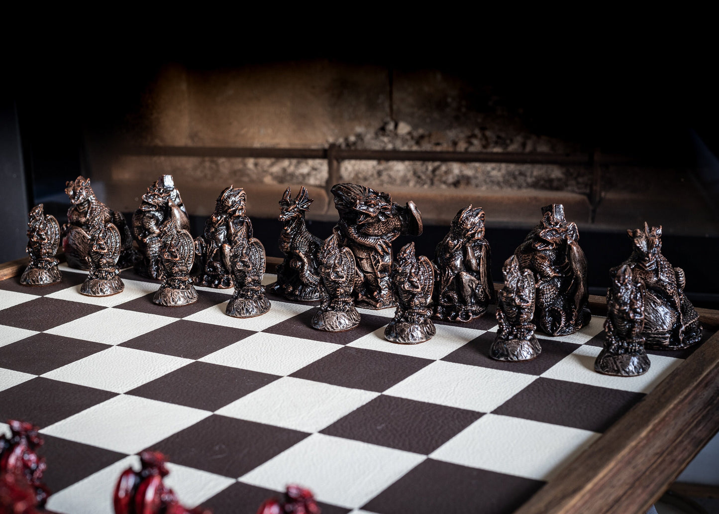 Made To Order – Chess set, Dragons design in ebony and aged red colour. BOARD NOT INCULDED