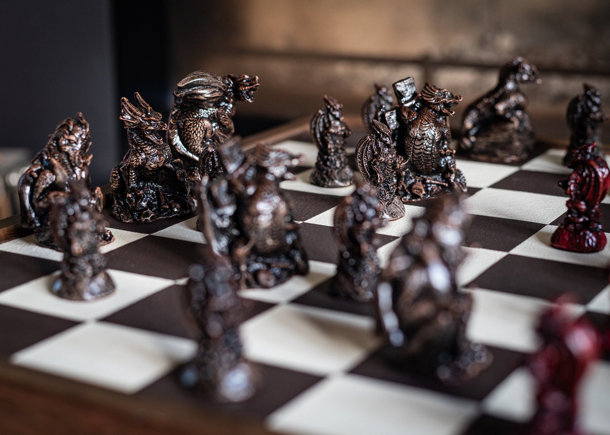 Made To Order – Chess set, Dragons design in ebony and aged red colour. BOARD NOT INCULDED