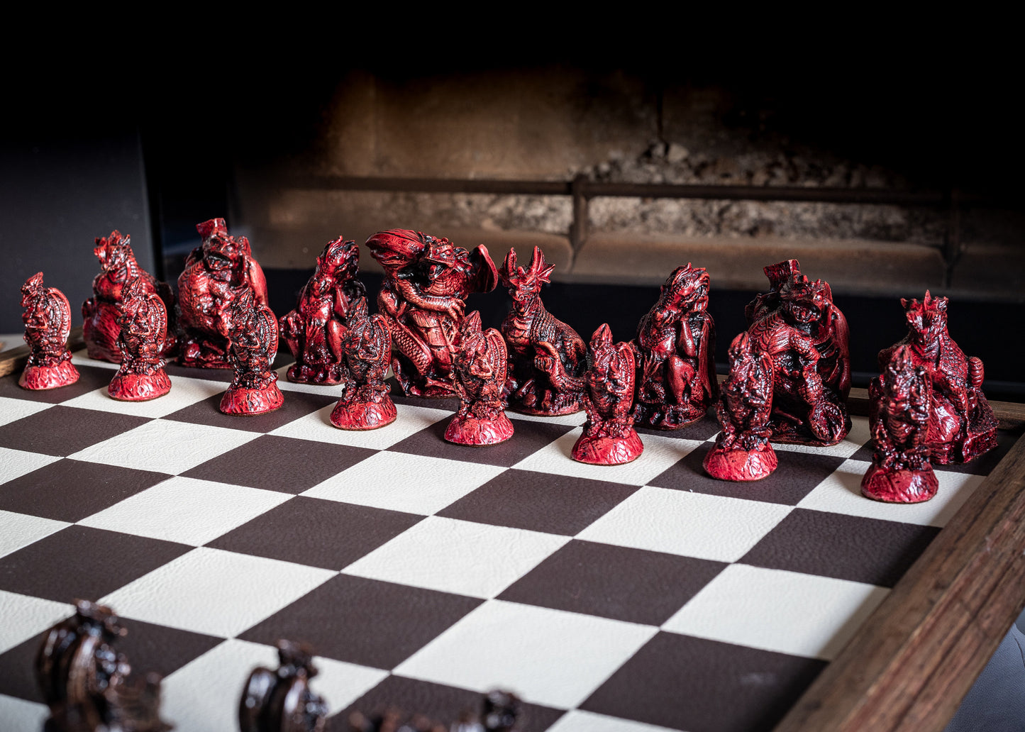 Made To Order – Chess set, Dragons design in ebony and aged red colour. BOARD NOT INCULDED