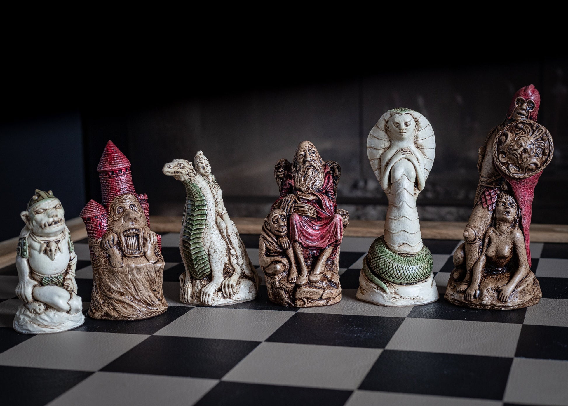 Made to order - Chess set, Cobra Queen, in aged Ivory and Walnut with hand painted accents. BOARD NOT INCULDED