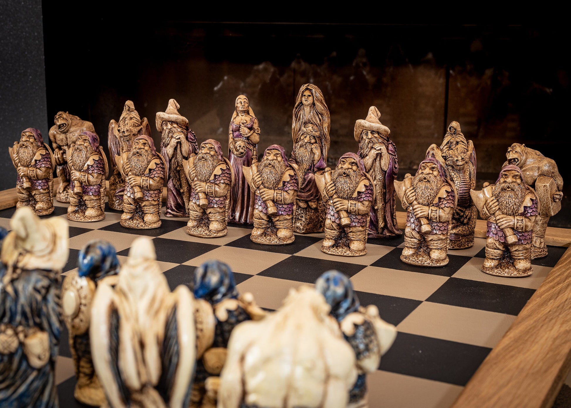 Chess set, Spellmaster or Large Fantasy, aged ivory, with blue accents and walnut, with purple accents. BOARD NOT INCULDED