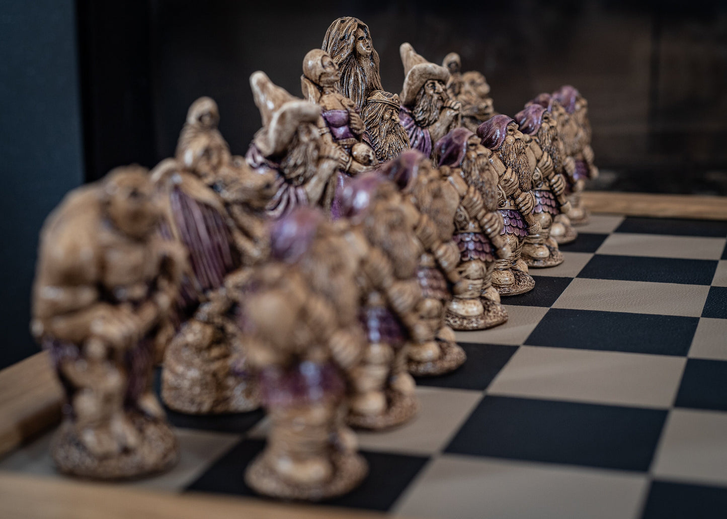 Chess set, Spellmaster or Large Fantasy, aged ivory, with blue accents and walnut, with purple accents. BOARD NOT INCULDED