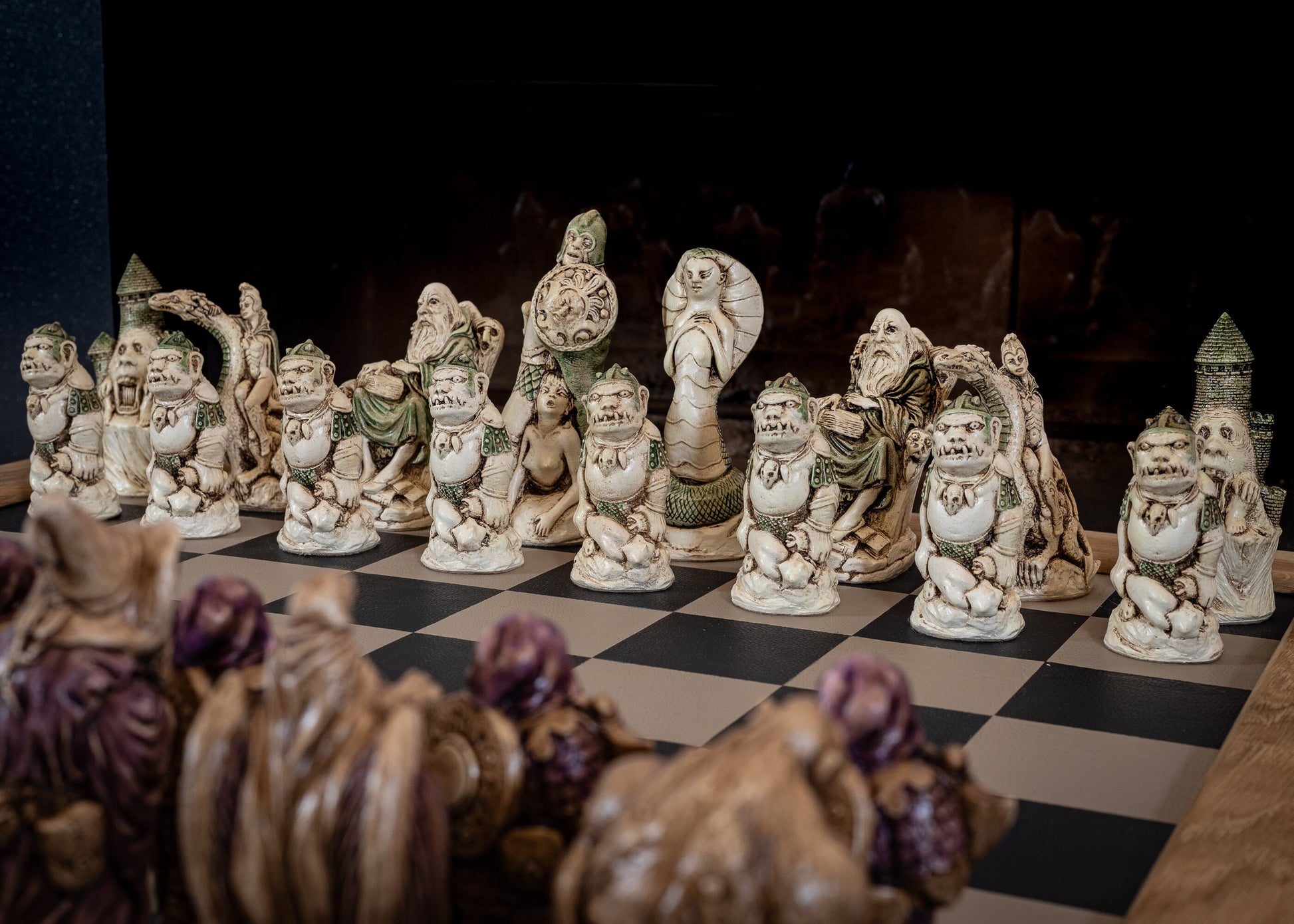 Made to order – Chess set, Cobra Queen vs Spellmaster, in aged ivory, with jade accents and walnut, with purple accents. BOARD NOT INCULDED