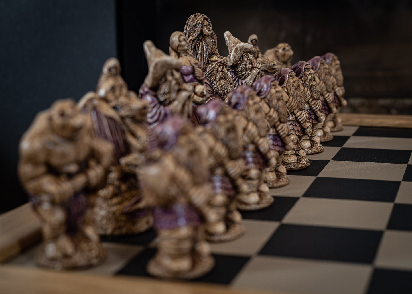 Made to order – Chess set, Cobra Queen vs Spellmaster, in aged ivory, with jade accents and walnut, with purple accents. BOARD NOT INCULDED