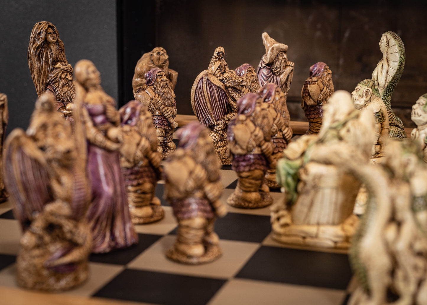 Made to order – Chess set, Cobra Queen vs Spellmaster, in aged ivory, with jade accents and walnut, with purple accents. BOARD NOT INCULDED