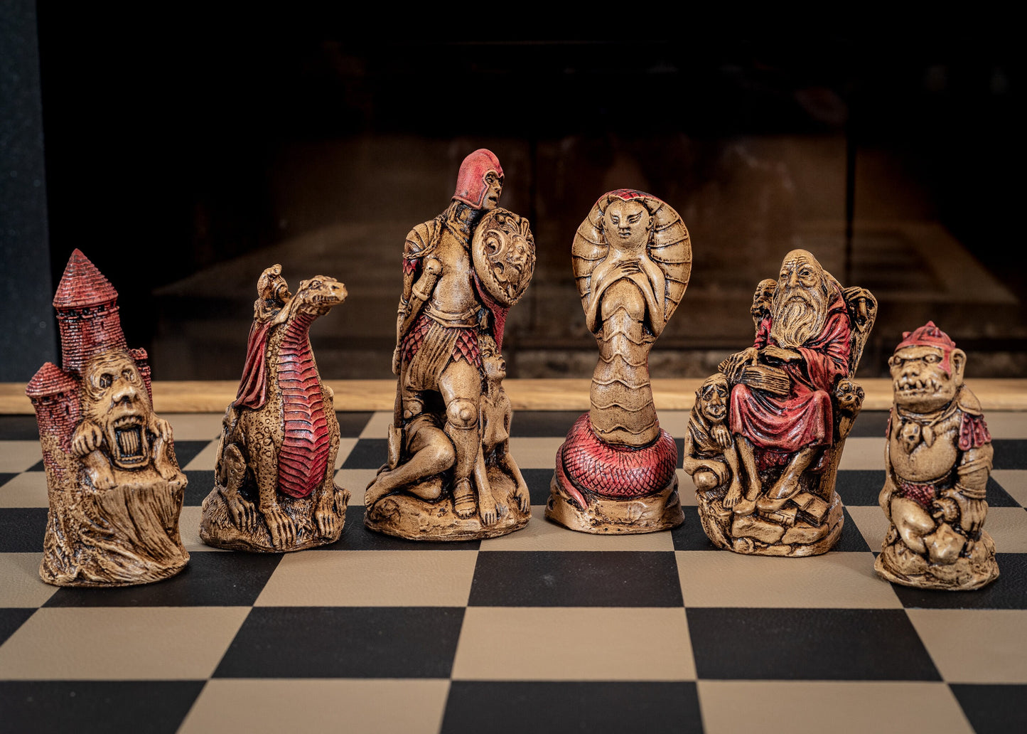 Made to order – Chess set, Spellmaster vs Cobra Queen, in aged ivory, with blue accents and walnut, with red accents. BOARD NOT INCULDED