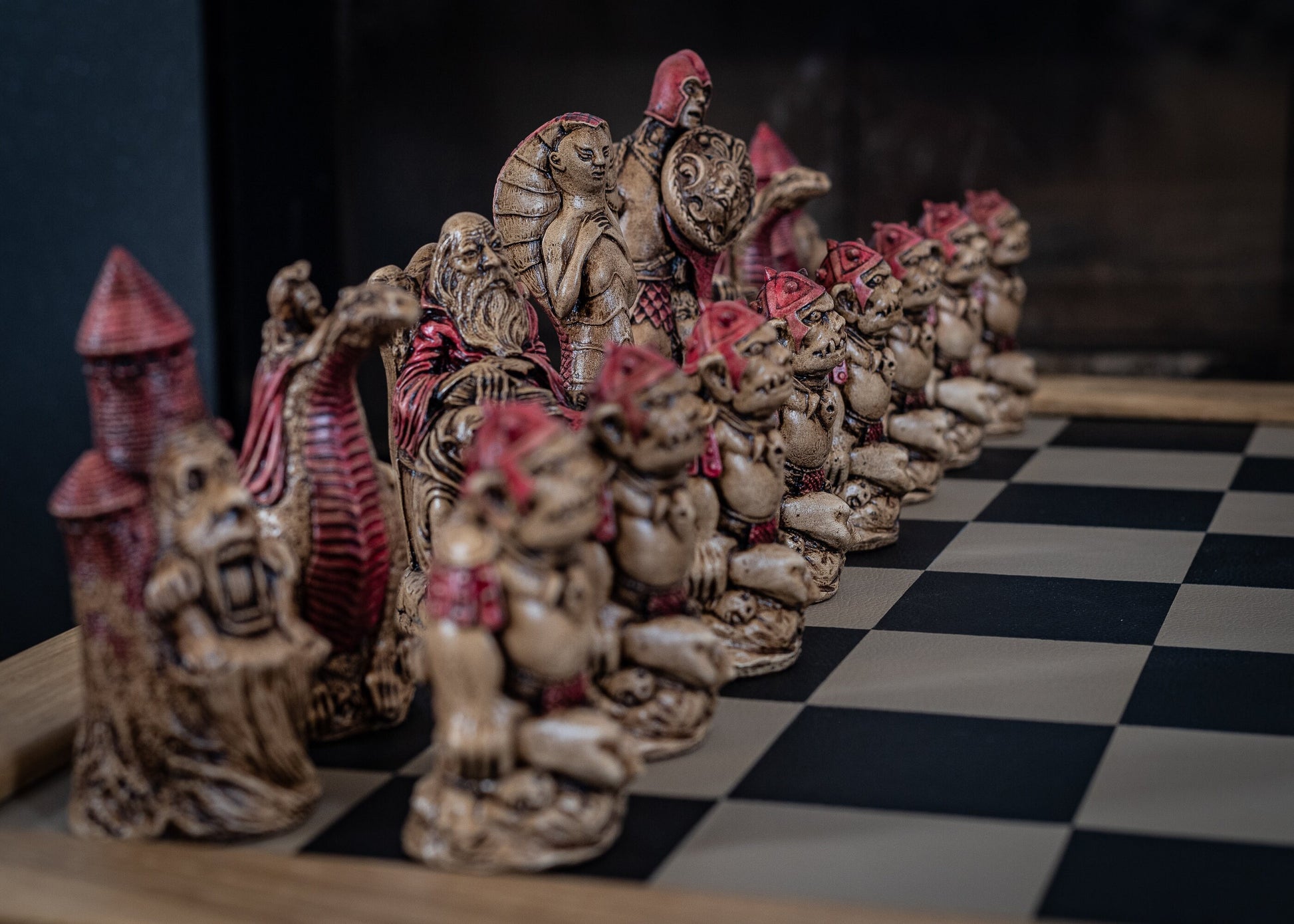 Made to order – Chess set, Spellmaster vs Cobra Queen, in aged ivory, with blue accents and walnut, with red accents. BOARD NOT INCULDED