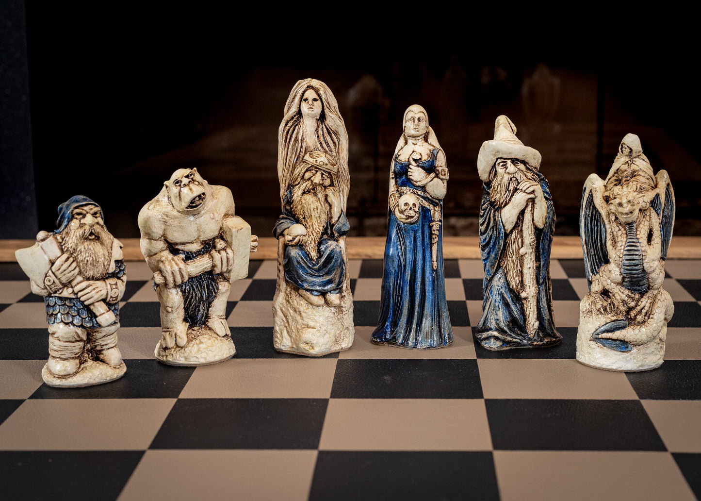 Made to order – Chess set, Spellmaster vs Cobra Queen, in aged ivory, with blue accents and walnut, with red accents. BOARD NOT INCULDED